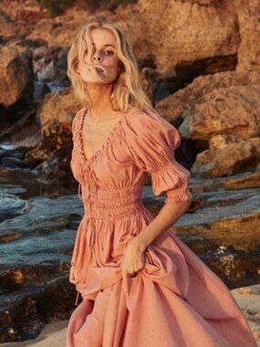 Doen Blush Midi Dress with Puff Sleeves